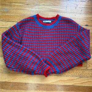 Zara Women's Vibrant Red and Blue Cropped Knit Sweater